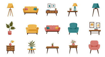 Mid-century modern furniture set with plants and decor elements on white background