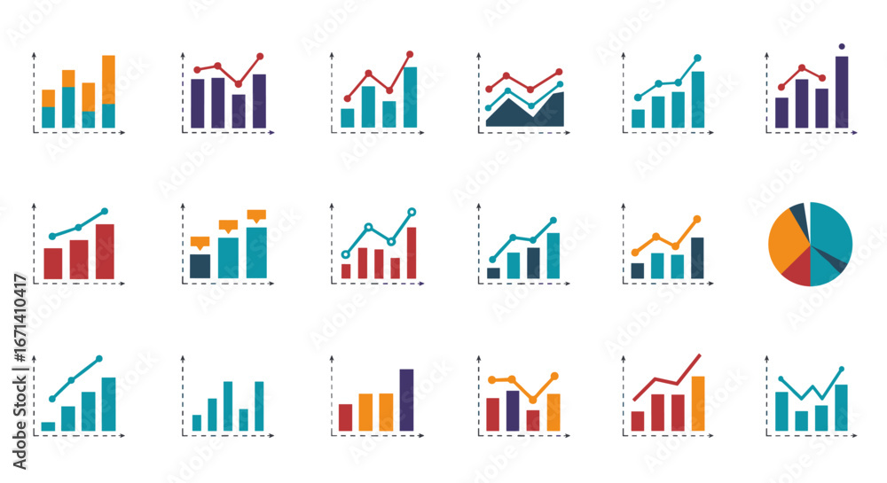 Poster colorful flat style data charts and graphs collection for analysis