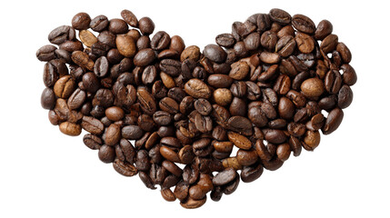 Flat lay composition of coffee beans in the shape of a heart background isolated on a Transparent background, PNG file.
