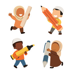 Happy Children Holding Giant Stationery Illustration