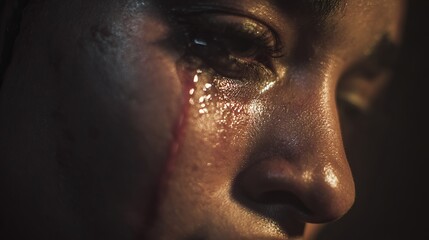 A close-up of a distressed young woman with dark skin, showcasing a tear running down her cheek, conveying deep emotion.
