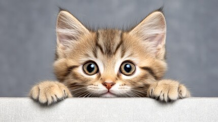 Fototapeta premium A playful kitten with large eyes curiously peeks over a surface, showcasing its fluffy fur and adorable expression in a calm background