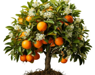Orange Tree with Blossoms and Ripe Fruits, Realistic Botanical PNG Cutout