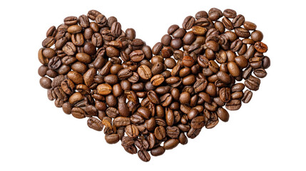 Flat lay composition of coffee beans in the shape of a heart background isolated on a Transparent background, PNG file.