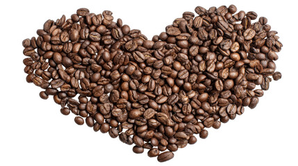 Flat lay composition of coffee beans in the shape of a heart background isolated on a Transparent background, PNG file.