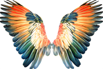 Colorful feathered wings with orange blue green hues isolated on a transparent background