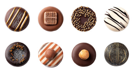Flat lay composition of gourmet chocolate bites background isolated on a Transparent background, PNG file.