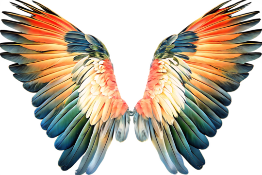 Colorful feathered wings with orange blue green hues isolated on a transparent background