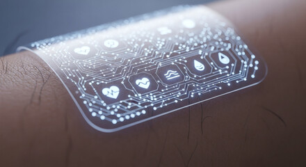 Futuristic transparent wearable technology displaying health and fitness icons on a person's arm.