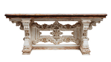 Flat lay of 18th century altar table with carvings, isolated on a Transparent background, PNG file.