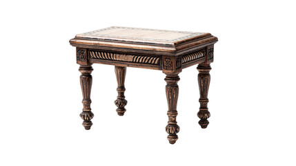 Flat lay of 19th century dressing stool with decorative legs, isolated on a Transparent background, PNG file.