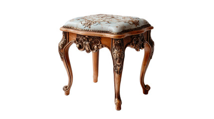 Flat lay of 19th century dressing stool with decorative legs, isolated on a Transparent background, PNG file.