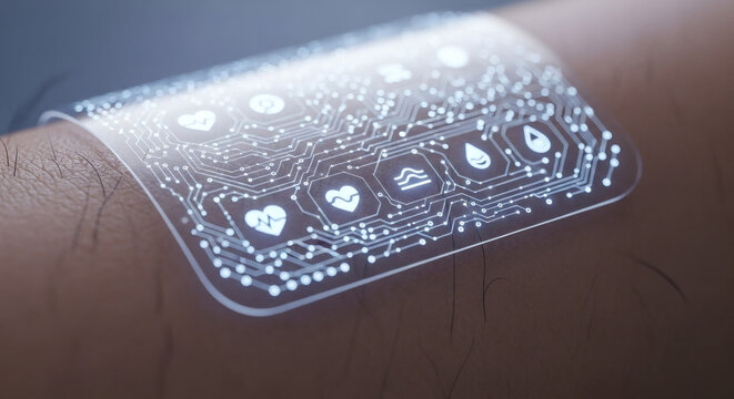 Futuristic transparent wearable technology displaying health and fitness icons on a person's arm.
