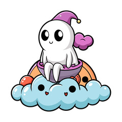 Friendly Ghost Sitting on a Fluffy Candy Cloud Cute Halloween Illustration Whimsical Spooky Fun Vector Design for Kids and Posters