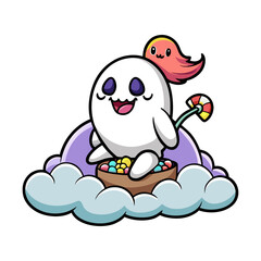Friendly Ghost Sitting on a Fluffy Candy Cloud Cute Halloween Illustration Whimsical Spooky Fun Vector Design for Kids and Posters