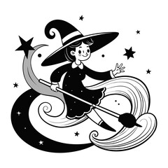 Mystical Witch Flying on Broom Through Swirling Starry Sky Magical Fantasy Halloween Vector Illustration for Posters, Cards, and Digital Art