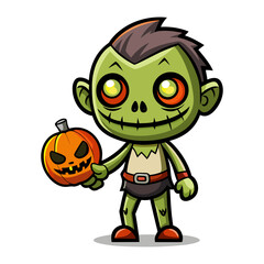 Adorable Halloween Zombie Holding Tiny Glowing Jack-O’-Lantern Cute Spooky Cartoon Illustration Trick Treat Autumn Horror Vector Art