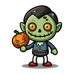 Adorable Halloween Zombie Holding Tiny Glowing Jack-O’-Lantern Cute Spooky Cartoon Illustration Trick Treat Autumn Horror Vector Art