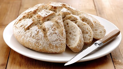 Fototapeta premium A beautifully baked loaf of rustic bread is displayed on a white plate, showcasing its crusty exterior and soft, airy interior, Ideal for culinary blogs, recipe collections, or baking inspiration,