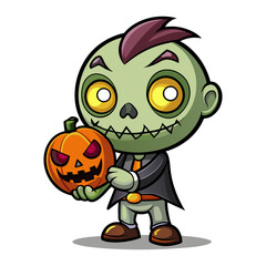 Adorable Halloween Zombie Holding Tiny Glowing Jack-O’-Lantern Cute Spooky Cartoon Illustration Trick Treat Autumn Horror Vector Art