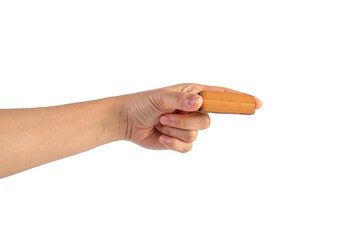 Chocolate bar in hand on transparent background