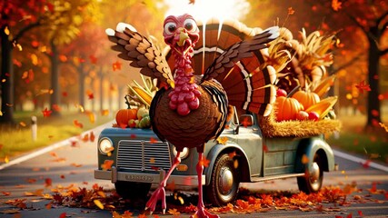 A festive turkey dances next to a car full of harvest in a bright autumn forest. - Powered by Adobe