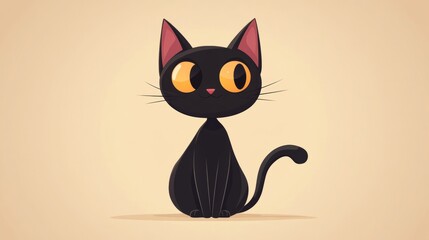 A cute black cat with bright yellow eyes sits happily, showcasing its playful nature in a whimsical cartoon design against a soft backdrop