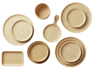 Collection of diverse light-toned wooden plates & shallow trays with unique grain, artfully arranged on transparent, soft studio lighting, sharp focus, concept of organic living and mindful design