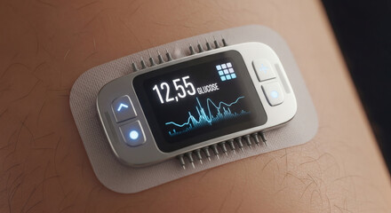 Close-up of a modern wearable glucose monitoring device attached to skin, displaying real-time blood sugar readings and a graph.