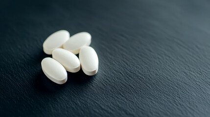 Five white and gray multivitamin capsules are neatly positioned on a textured dark background, showcasing their smooth surfaces