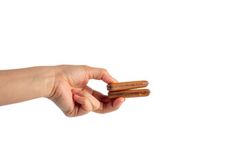 Chocolate bar in hand on transparent background