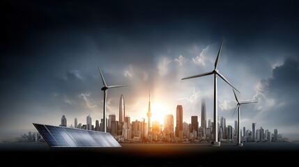 A skyline at sunset features wind turbines and solar panels, symbolizing renewable energy, Ideal for topics on sustainability, eco-friendly technology, and urban development,