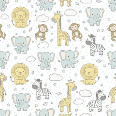 Baby hand drawn design for textile, posters, cards. Baby animals pattern. Fabric baby design.. Vector illustration with cute animals. Nursery baby pattern illustration