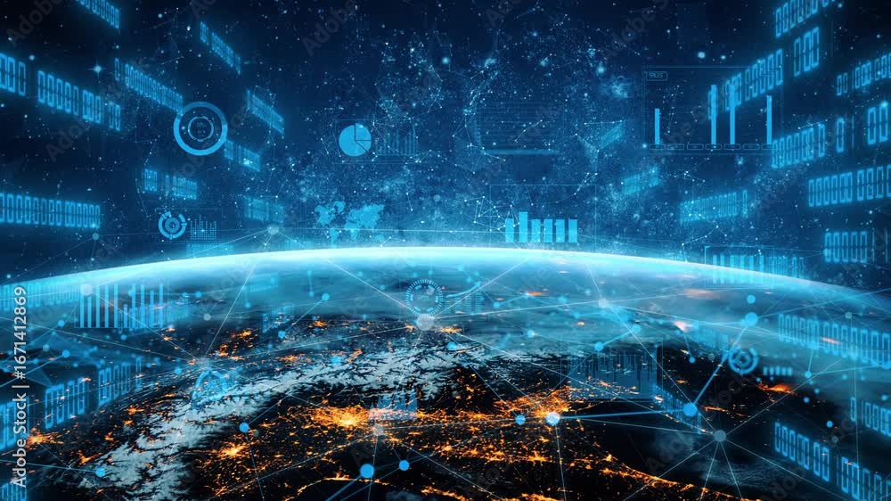 Poster captivating view of earth at night, surrounded by digital and data analytics elements that illustrat