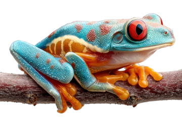 red-eyed tree frog on small branch, isolated on white background