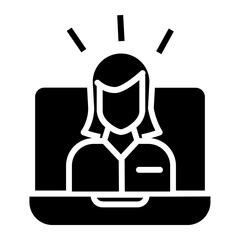 Solid glyph icon representing a virtual expert, online consultant, or remote worker on a laptop for business communication