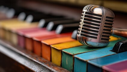 Retro microphone on colorful piano keys