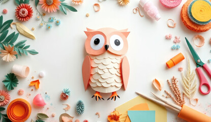 Flat lay of handmade paper owl and supplies for DIY crafts. Ideal for educational publishers, preschool content creators, kids toy packaging, hobby courses promotion 