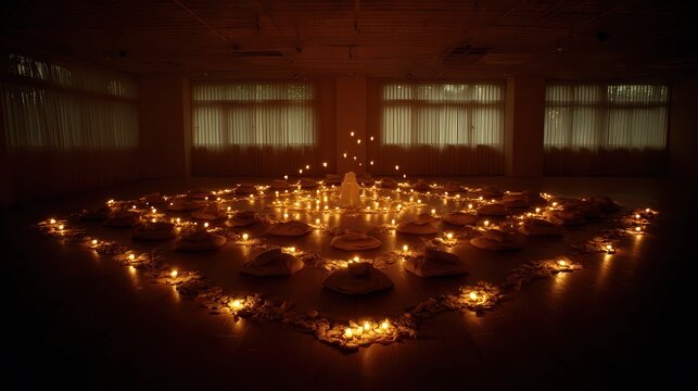 A serene meditation space lit by warm candlelight, featuring plush seating arranged in a circular pattern, Ideal for relaxation, spiritual retreats, yoga classes, or mindfulness workshops,