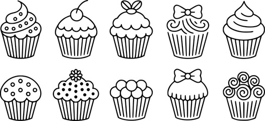 A Collection of Ten Hand-Drawn Cupcakes with Various Toppings and Decorations