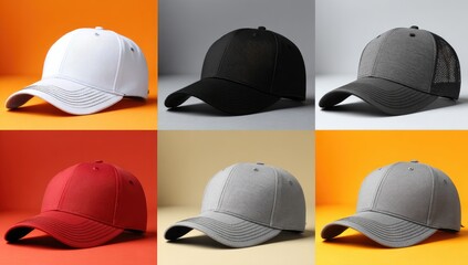 Six baseball caps in various colors (1)
