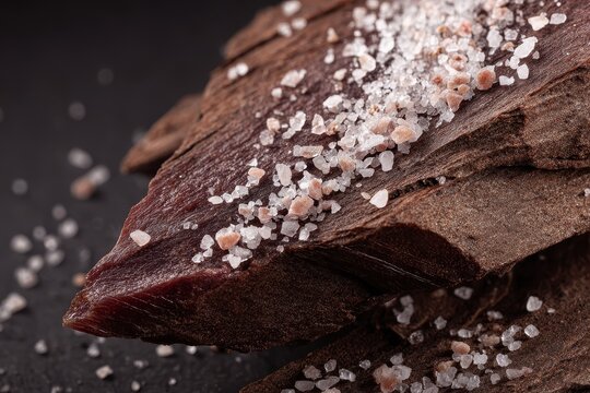 Fresh Sliced Beef Jerky with Coarse Sea Salt on Wooden Surface
