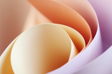 Macro photo of abstract folded pastel paper layers. Soft curves and gradient shadows in ivory, peach, and lavender hues