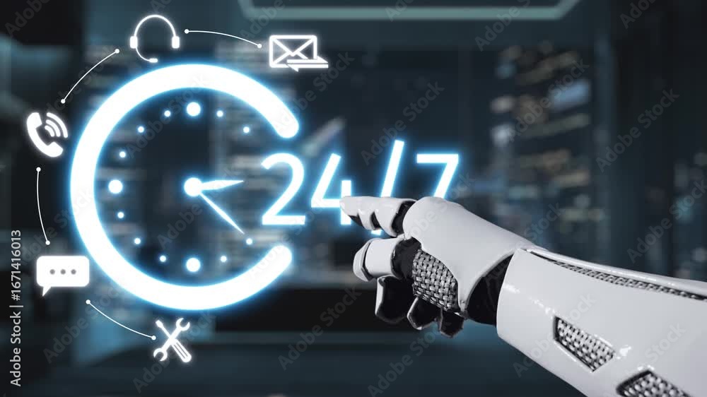 Poster a robotic hand points towards a glowing 24-hour clock, symbolizing constant availability in a sleek,