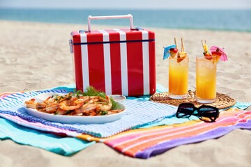 Beach Picnic with Shrimp and Tropical Drinks
