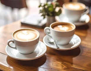 Obraz premium Two Coffee Cups on Wooden Café Table with Latte Art