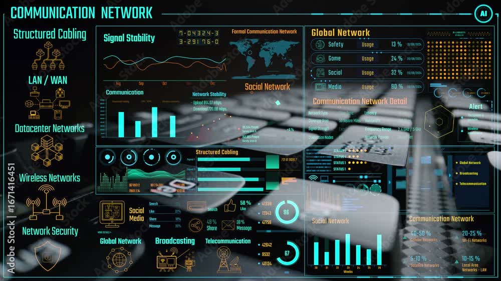 Aufkleber data center monitoring dashboard visualize network performance, connection status, usage rate, and t