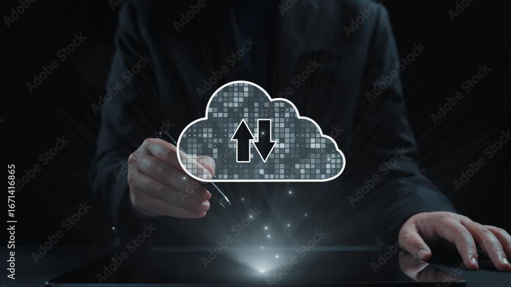Poster a businessman utilizes a digital tablet to engage with cloud storage technologies, illustrated by fl