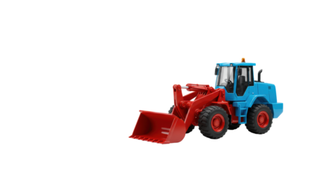 Professional miniature blue front-end loader with red shovel on transparent studio surface, soft high-key light, angled, symbolizing business efficiency and growth