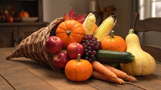 Arrangement of Fall Harvest Fruits and Vegetables in Horn of Plenty